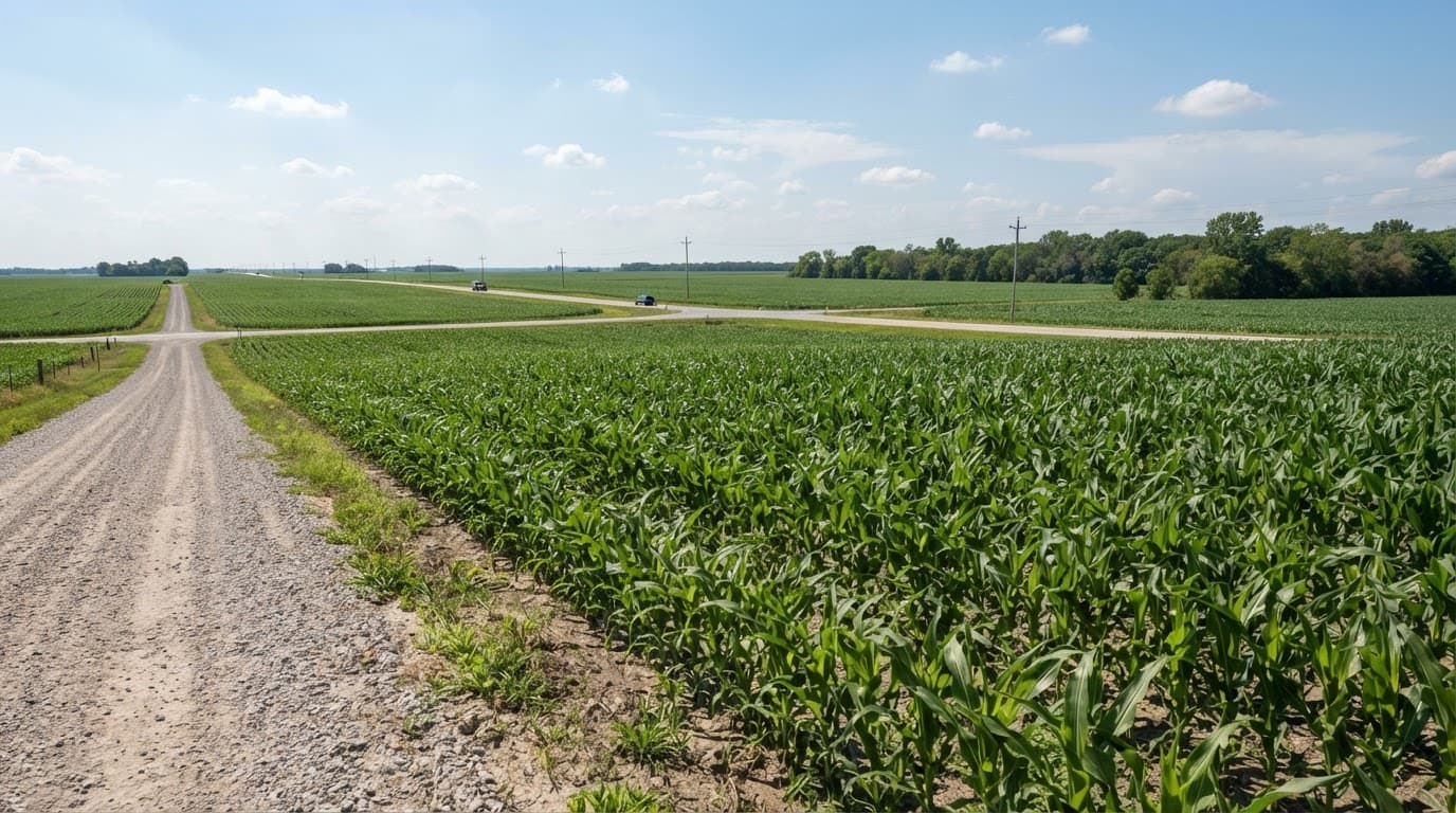 AI-generated editorial scene: A wide-angle view captures a flat, expansive cornfield in rural Linn County under a clear midday sky. A gravel road runs along the edge of the property, meeting a paved two-lane highway in the distance where a few vehicles pass. The horizon is punctuated by a distant line of utility poles and the edge of a wooded area.