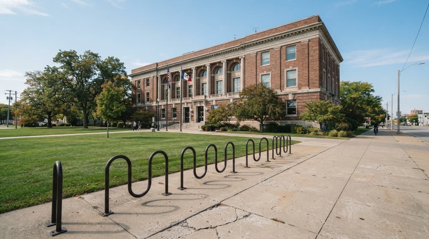 AI-generated editorial scene: A wide-angle exterior shot shows the brick facade of a federal courthouse building under clear, midday sunlight. A row of metal bike racks sits empty on the concrete sidewalk in the foreground, with a manicured green lawn and mature oak trees visible in the background.