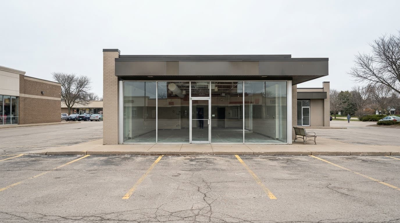 AI-generated editorial scene: A wide-angle exterior shot shows the glass-fronted storefront of a vacant restaurant space at a suburban shopping center under bright, overcast daylight. A paved parking lot with painted yellow lines occupies the foreground, leading toward the building’s entrance. The storefront windows are clear, revealing an empty interior with exposed ceiling fixtures and unfinished floor surfaces.