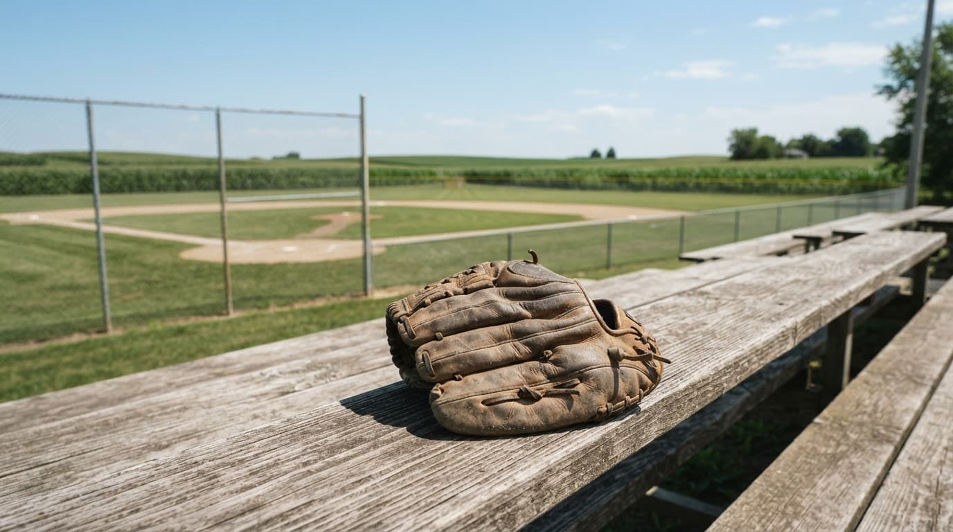 AI-generated editorial scene: A worn leather baseball glove rests on a wooden bleacher bench overlooking a manicured high school diamond. Beyond the outfield fence, rows of green corn stretch toward a clear, bright blue sky under the midday sun.