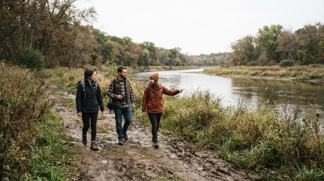AI-generated editorial scene: Three people in casual outdoor gear walk along a wide, muddy riverbank under a bright, overcast sky. Tall grasses and mature deciduous trees line the water's edge, with the river curving gently into the distance behind them.