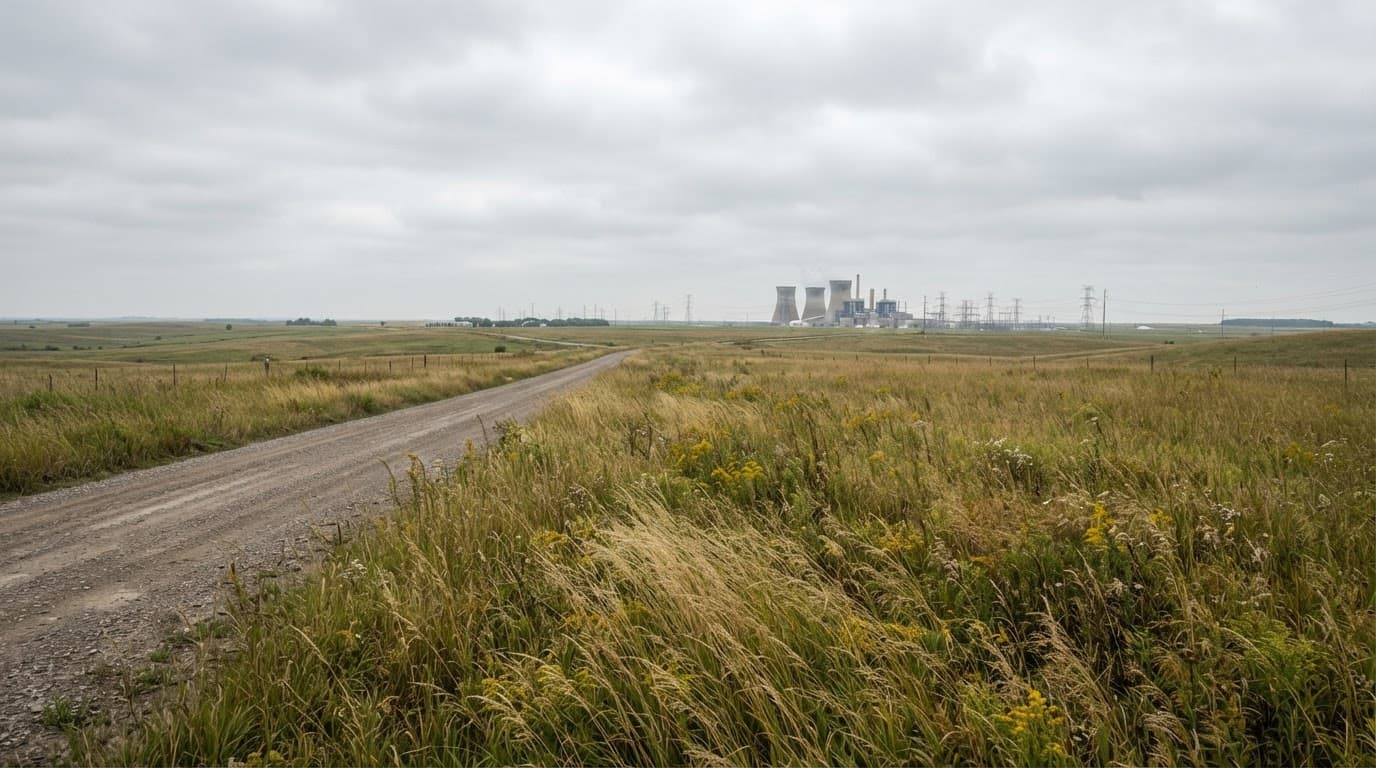 AI-generated editorial scene: A wide-angle shot shows a flat, expansive field of tall prairie grass and goldenrod under a bright, overcast eastern Iowa sky. In the far distance, a cluster of industrial cooling towers and electrical transmission lines stretches across the horizon, partially obscured by a light haze. A gravel road runs diagonally through the foreground, leading toward the edge of the industrial site.