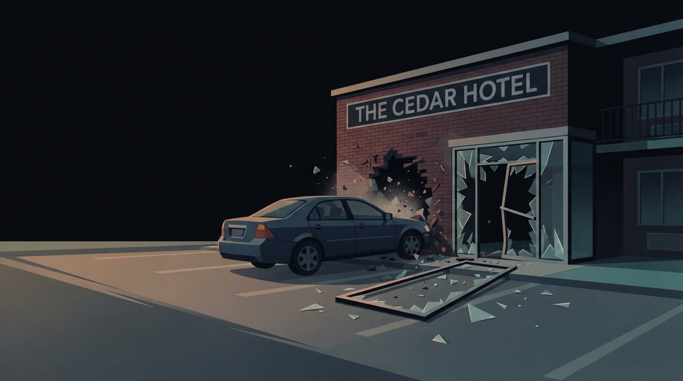 Illustration: Vehicle strikes comfort inn entrance in cedar rapids